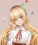  1girl blonde_hair blush brown_background brown_eyes confetti envysoi eyebrows_visible_through_hair hat highres long_hair long_sleeves looking_at_viewer original parted_lips party_hat simple_background smile solo twitter_username upper_body very_long_hair 