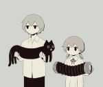 1boy 1girl accordion avogado6 cat greyscale holding holding_cat instrument jitome long_sleeves low_twintails monochrome music open_mouth original playing_instrument short_hair standing tagme twintails 
