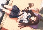  1girl bangs black_hair black_legwear blunt_bangs book hand_on_own_stomach hatsuyuki_(kantai_collection) hime_cut kantai_collection long_hair lying matsutani navel neckerchief open_mouth pillow pleated_skirt school_uniform serafuku skirt sleeping socks solo tatami 