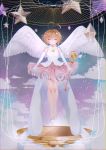  1girl absurdres antenna_hair brown_hair card_captor_sakura chromatic_aberration closed_eyes clouds dress elbow_gloves facing_viewer floating full_body gloves hat highres ki-san kinomoto_sakura levitation magical_girl pink_skirt short_hair skirt solo staff wand white_footwear white_gloves white_wings wings 