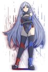  1girl asymmetrical_clothes blue_eyes boots breast_hold breasts cleavage_cutout commentary covered_navel elbow_gloves eyebrows_visible_through_hair full_body gloves heterochromia large_breasts leotard long_hair looking_at_viewer nanostar original red_eyes silver_hair solo thigh-highs very_long_hair 