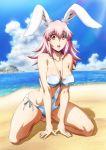  1girl all_fours animal_ears arm_support barefoot beach breasts collarbone covered_nipples day eyebrows_visible_through_hair full_body inaba_ui killing_bites large_breasts long_hair o-ring_swimsuit ocean official_art open_mouth outdoors pink_hair polka_dot polka_dot_swimsuit rabbit_ears red_eyes solo swimsuit upper_teeth watanabe_kazuo water wet 