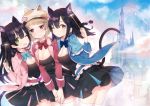  3girls ;d absurdres animal_ears animal_hat ayamy bangs black_dress black_hair black_panties blue_bow blue_neckwear blue_sky bow bowtie breasts castle cat_ears cat_hat cat_tail cleavage cowboy_shot day dress floating_hair green_eyes grey_hat hat highres holding holding_wand large_breasts light_brown_hair long_hair looking_at_viewer moon multiple_girls one_eye_closed open_mouth original outdoors panties pleated_dress red_bow red_neckwear short_dress short_hair sky smile tail thigh-highs underwear violet_eyes wand white_legwear yellow_eyes zettai_ryouiki 