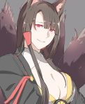  1girl akagi_(azur_lane) animal_ears azur_lane bangs black_hair black_kimono blunt_bangs breasts cleavage facial_mark fox_ears fox_tail japanese_clothes kikumon kimono kurozu_(hckr_96) large_breasts lipstick long_hair looking_at_viewer makeup multiple_tails parted_lips red_eyes solo tail upper_body 