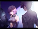  1boy 1girl armor armored_dress bare_shoulders black_dress black_hair breasts dress fate/grand_order fate_(series) from_behind fujimaru_ritsuka_(male) hair_over_one_eye lavender_hair letterboxed looking_at_another mash_kyrielight medium_breasts navel purple_hair shield short_hair upper_body violet_eyes yamakawa 