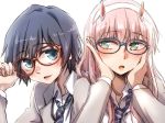  1boy 1girl black_hair blue_eyes blush commentary_request couple darling_in_the_franxx eyebrows_visible_through_hair glasses green_eyes grey_jacket hair_ornament hairband hand_on_eyewear hands_on_own_face herozu_(xxhrd) hiro_(darling_in_the_franxx) horns jacket long_hair long_sleeves oni_horns open_clothes open_jacket pink_hair red_horns short_hair striped_neckwear white_hairband zero_two_(darling_in_the_franxx) 