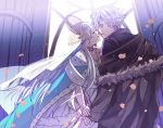  1boy 1girl anastasia_(fate/grand_order) bangs closed_eyes commentary_request crown dress eyebrows_visible_through_hair fate/grand_order fate_(series) fur_trim hair_over_one_eye hairband hand_holding jacket jewelry kadoc_zemlupus long_hair looking_at_another ribbon royal_robe silver_hair tsengyun very_long_hair yellow_eyes 