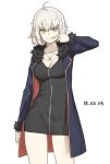  1girl ahoge breasts cleavage dated fate/grand_order fate_(series) fleur_de_lis fur-trimmed_sleeves fur_collar fur_trim grey_hair hair_between_eyes jeanne_d&#039;arc_(alter)_(fate) jeanne_d&#039;arc_(fate)_(all) jewelry legs michihasu mouth_pull necklace short_hair solo white_background yellow_eyes 