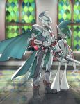  1other armor black_footwear cape dual_wielding gallade gauntlets green_cape helmet highres holding holding_sword holding_weapon indoors knight pokemon pokemon_(creature) red_eyes ryairyai sheath sheathed stained_glass standing sword weapon 