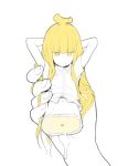  1girl banana blonde_hair breast_pocket collared_shirt commentary_request doremi fingernails food fruit hands_up holding korean_commentary long_hair looking_at_viewer minigirl navel no_legs personification pocket shirt short simple_background solo_focus white_background white_shirt wing_collar yellow_eyes 