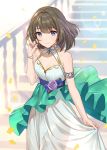  1girl absurdres armlet bangs bare_shoulders blue_eyes bracelet breasts brown_hair cleavage confetti dress eyebrows_visible_through_hair flower green_dress green_eyes hand_in_hair heterochromia highres idolmaster idolmaster_cinderella_girls jewelry looking_at_viewer medium_breasts mole mole_under_eye rose short_hair smile solo stairs swept_bangs takagaki_kaede teffish 