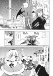  3girls alice_margatroid aozora_market bat_wings bow coat comic demon fur_trim greyscale hat head_wings headband highres koakuma long_hair long_skirt long_sleeves mob_cap monochrome multiple_girls neck_ribbon necktie patchouli_knowledge ribbon scarf shanghai_doll short_hair skirt suit_jacket touhou translation_request wings 