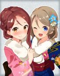  2girls ;d alternate_hairstyle blue_eyes blue_flower blue_kimono blush braid brown_eyes brown_hair clenched_hand flower french_braid fur-trimmed_kimono fur_trim grey_hair hair_flower hair_ornament hair_up hairpin hand_up highres japanese_clothes kanzashi kimono long_sleeves looking_at_viewer love_live! love_live!_sunshine!! multiple_girls obi one_eye_closed open_mouth outline pink_flower pink_kimono redhead sakurauchi_riko sash self_shot short_hair smile uni_mmtab watanabe_you white_outline wide_sleeves yellow_eyes yellow_flower 