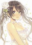  1girl :d absurdres bangs bow breasts brown_hair cleavage collarbone crying crying_with_eyes_open eyebrows_visible_through_hair flower green_eyes hair_flower hair_ornament highres large_breasts long_hair open_mouth original sakura_oriko sleeveless smile solo swept_bangs tears twintails upper_body white_background white_bow white_flower 