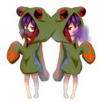 1girl absurdres animal_hood bangs barefoot eyebrows_visible_through_hair frog_eyes frog_hood gas_mask gradient_hair green_hoodie hair_between_eyes hand_up highres hood hood_up hoodie idaten93 long_tongue looking_at_viewer multicolored_hair multiple_views open_mouth original personification poison red-eyed_tree_frog red_eyes redhead simple_background slit_pupils standing tongue tongue_out violet_eyes white_background 