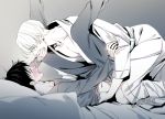  2boys bed black_hair blanket blue_eyes blurry blush depth_of_field embarrassed gradient gradient_background grey_background greyscale hand_on_another&#039;s_mouth jewelry katsuki_yuuri long_sleeves lying male_focus monochrome multiple_boys open_mouth pillow ring robe short_hair simple_background spot_color spread_legs twitter_username viktor_nikiforov white_hair yaoi yuri!!!_on_ice 