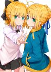  2girls ahoge artoria_pendragon_(all) bangs black_bow black_cola black_neckwear black_skirt blonde_hair blue_jacket blue_ribbon blush bow bowtie braid brown_jacket character_request closed_mouth collared_shirt commentary_request eyebrows_visible_through_hair fate/grand_order fate_(series) green_eyes hair_between_eyes hair_bow hair_bun hair_ribbon hands_in_pockets high_ponytail highres jacket multiple_girls open_clothes open_jacket outstretched_arm pleated_skirt ponytail ribbon saber saber_lily shirt simple_background skirt sleeveless_jacket smile track_jacket v white_background white_shirt 