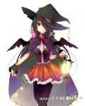  1girl black_hair black_hat black_legwear black_wings cowboy_shot date_a_live frilled_skirt frills hair_over_one_eye hair_ribbon halloween halloween_costume hat hibiki_mio holding_lantern lantern long_hair looking_at_viewer miniskirt neck_ribbon orange_skirt pantyhose pink_ribbon pleated_skirt purple_cloak red_eyes red_ribbon ribbon simple_background skirt smile solo standing tokisaki_kurumi twintails very_long_hair white_background wings witch_hat wrist_cuffs 