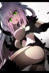  1girl agrius_metamorphosis ass atalanta_(alter)_(fate) atalanta_(fate) bangs belt belt_buckle belt_collar black_belt black_collar black_legwear breasts buckle cat_tail collar eyebrows eyebrows_visible_through_hair fang fate/grand_order fate_(series) fingernails green_eyes hair_between_eyes highres legs_apart letterboxed long_fingernails long_hair medium_breasts multicolored_hair multiple_tails open_mouth purple_hair sana_hamada sharp_fingernails solo sparkle tail thigh-highs two-tone_hair two_tails very_long_hair white_hair 