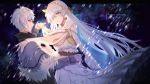  1boy 1girl anastasia_(fate/grand_order) blue_cape blue_eyes cape capelet cm_(pixiv4946055) dancing dress eye_contact eyebrows_visible_through_hair eyes_visible_through_hair fate/grand_order fate_(series) floating_hair fur_trim hair_between_eyes hair_over_one_eye hand_holding hand_on_another&#039;s_hip highres kadoc_zemlupus long_hair looking_at_another silver_hair smile snowing very_long_hair white_dress yellow_hairband 