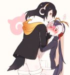  ! 2girls black_hair blonde_hair blush commentary_request emperor_penguin_(kemono_friends) eyebrows_visible_through_hair hand_on_another&#039;s_face headphones height_difference hood hoodie japari_symbol kemono_friends leotard long_hair long_sleeves multicolored_hair multiple_girls nose_blush penguin_tail pink_hair royal_penguin_(kemono_friends) seto_(harunadragon) tail thigh-highs twintails yuri 