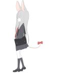  1girl animal_ears bag black_footwear bow closed_mouth commentary_request doremi from_side full_body grey_hair grey_legwear grey_sailor_collar grey_shirt grey_skirt korean_commentary long_hair long_sleeves looking_at_viewer looking_to_the_side mouse_ears mouse_tail necktie original pink_eyes red_bow red_neckwear sailor_collar shirt shoes shoulder_bag simple_background skirt socks solo standing tail tail_bow white_background 