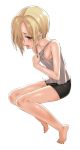  1girl bare_shoulders barefoot bike_shorts blonde_hair blush brown_eyes collarbone commentary_request ear_piercing earrings female full_body gengorou hair_over_one_eye hot idolmaster idolmaster_cinderella_girls jewelry no_bra open_mouth piercing shirasaka_koume short_hair short_shorts shorts simple_background sitting solo sweat sweating tank_top tongue tongue_out white_background 