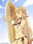  1girl absurdres bikini blonde_hair blush braid fire_emblem fire_emblem_heroes green_eyes highres long_hair looking_at_viewer nishimura_(nianiamu) sharena simple_background sky smile solo surfboard swimsuit white_background 