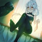  1girl :q ayanami_(azur_lane) azur_lane black_legwear black_shorts blush bow bow_panties breasts brown_eyes cleavage closed_mouth curtains dutch_angle glowing glowing_eyes hair_ornament hand_up high_ponytail holding holding_panties legs_crossed long_hair medium_breasts no_shoes nose_blush panties panties_removed panties_under_pantyhose pantyhose pink_panties ponytail prpr_friends short_shorts shorts shorts_removed silver_hair sitting smile soles solo thighband_pantyhose tongue tongue_out transparent underwear very_long_hair window 