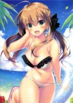  1girl :d absurdres ahoge bangs beach bikini black_ribbon blue_sky blush breasts brown_hair cleavage clouds day eyebrows_visible_through_hair fang floating_hair frilled_bikini frills green_eyes groin hair_between_eyes hair_ribbon hand_in_hair highres innertube large_breasts long_hair motomiya_mitsuki navel ocean one_leg_raised open_mouth original outdoors ribbon sky smile solo swimsuit twintails white_bikini 