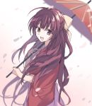  1girl :d boots cross-laced_footwear hair_ribbon hakama holding holding_umbrella japanese_clothes kamikaze_(kantai_collection) kantai_collection kimono lace-up_boots long_hair looking_at_viewer meiji_schoolgirl_uniform open_mouth oriental_umbrella picoli1313 pink_hakama purple_hair red_kimono ribbon simple_background smile solo umbrella violet_eyes white_background yellow_ribbon 