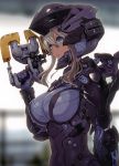  1girl 2d absurdres armor blonde_hair blue_eyes bodysuit breasts dead_space gun helmet highres holding holding_gun holding_weapon huge_filesize large_breasts looking_at_viewer parted_lips plasma_cutter power_armor scan short_hair sidelocks skin_tight solo weapon 