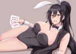  1girl animal_ears bangs black_hair black_vest blush bow bowtie breasts bunny_girl bunnysuit card cleavage covered_navel detached_collar earrings eyebrows_visible_through_hair fishnet_pantyhose fishnets grey_background hair_between_eyes hips idolmaster idolmaster_shiny_colors jewelry large_breasts leotard long_hair looking_at_viewer lying moo_yoshio on_side open_mouth pantyhose ponytail rabbit_ears shirase_sakuya simple_background smile solo thighs vest wrist_cuffs yellow_eyes 