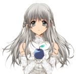  1girl apple bangs bare_shoulders blue_apple braid closed_mouth detached_sleeves dress food fruit gloves grey_eyes grey_hair holding holding_fruit long_hair long_sleeves looking_at_viewer misteor original solo tied_hair white_background white_dress white_gloves 