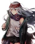  1girl assault_rifle bangs brown_eyes coat g11 g11_(girls_frontline) girls_frontline gun hair_between_eyes heckler_&amp;_koch holding holding_weapon injury jacket long_hair looking_away open_clothes open_coat pouch rifle scarf scarf_on_head shirt shorts silence_girl silver_hair simple_background solo torn_clothes very_long_hair weapon white_background 
