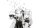  2girls :d abigail_williams_(fate/grand_order) arms_up bangs blush bow dress eyebrows_visible_through_hair fate/grand_order fate_(series) forehead hair_bow hat horn lavinia_whateley_(fate/grand_order) long_sleeves monochrome multiple_girls open_mouth parted_bangs simple_background sleeves_past_fingers sleeves_past_wrists smile sofra star traditional_media twitter_sparkles white_background 