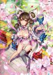  1girl 2d absurdres asymmetrical_legwear bangs bare_shoulders blurry blurry_background blush breasts brown_eyes brown_hair bug butterfly chinese_clothes cleavage copyright_name day detached_sleeves dress eyebrows_visible_through_hair fingernails floral_print flower full_body garter_straps hair_ornament highres huge_filesize insect large_breasts long_hair looking_at_viewer mole mole_under_eye multicolored_hair nail_polish outdoors parted_lips petals pink_hair scan shiny shiny_skin short_dress sitting sleeveless smile sparkle tied_hair twintails 