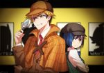  1boy 1girl back-to-back blonde_hair blue_hair bob_cut cabbie_hat capelet commentary cosplay darling_in_the_franxx glasses gorou_(darling_in_the_franxx) green_eyes grin hat ichigo_(darling_in_the_franxx) magnifying_glass necktie plaid poster rochika_(ya_y_a_ya) sherlock_holmes sherlock_holmes_(cosplay) shirt short_hair smile trench_coat vest wanted white_shirt 