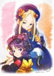  2girls abigail_williams_(fate/grand_order) artist_request bangs black_hair black_hat black_kimono blonde_hair blue_eyes bow calligraphy_brush dated fate/grand_order fate_(series) fine_art_parody flower giant_brush hair_flower hair_ornament hairpin hat holding holding_paintbrush ink japanese_clothes katsushika_hokusai_(fate/grand_order) kimono long_hair multiple_girls nihonga object_hug octopus orange_bow paintbrush parody parted_bangs polka_dot polka_dot_bow short_hair signature stuffed_animal stuffed_toy teddy_bear traditional_media twitter_username ukiyo-e very_long_hair 