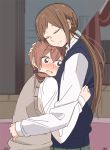  2girls aihara_miki blush bow braid brown_hair closed_eyes couple from_side hair_bow hand_on_another&#039;s_head hug long_hair long_sleeves low_twintails maki_seina miya_(miyabi_24) multiple_girls okujou_no_yurirei-san open_mouth smile twintails upper_body vest yuri 