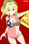  1girl absurdres adjusting_clothes adjusting_swimsuit alternate_hairstyle american_flag american_flag_bikini artist_name bikini blonde_hair blue_eyes breasts cleavage closed_mouth collarbone commentary_request copyright_name cowboy_shot dated eyebrows_visible_through_hair flag_print girls_und_panzer green_ribbon hair_intakes hair_ribbon highres holding kay_(girls_und_panzer) large_breasts long_hair looking_at_viewer navel ponytail red_background ribbon sign signature simple_background smile solo standing swimsuit watermark whitebeltmaster 