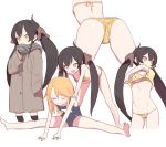  2girls absurdres animal_print ass back bare_legs bare_shoulders barefoot bikini black_hair blush closed_eyes coat cropped_legs doremi flat_chest highres idolmaster idolmaster_cinderella_girls leopard_print long_hair matoba_risa multiple_girls multiple_views name_tag navel one-piece_swimsuit open_mouth orange_hair oversized_clothes scarf school_swimsuit shirt_lift short_hair sitting sleeves_past_wrists smile soles spread_legs stretch swimsuit twintails yellow_eyes yuuki_haru 