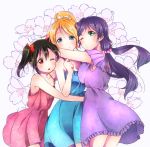  3girls ;o ayase_eli bangs black_hair blonde_hair blue_dress blue_eyes bow clenched_hand commentary_request dress floral_print frilled_dress frills girl_sandwich green_eyes hair_bow half-closed_eyes hand_up hiichan hug long_hair looking_at_viewer looking_back love_live! love_live!_school_idol_project low_twintails multiple_girls one_eye_closed pink_dress ponytail purple_dress purple_hair purple_scrunchie red_bow red_eyes sandwiched scrunchie short_sleeves spaghetti_strap toujou_nozomi twintails white_scrunchie yazawa_nico 