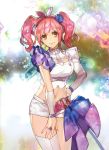  1girl absurdres asymmetrical_legwear asymmetrical_sleeves bangs blue_flower bracelet breasts cleavage_cutout cowboy_shot eyebrows_visible_through_hair flower hair_flower hair_ornament hairband hand_on_hip highres jewelry large_breasts long_hair looking_at_viewer macross macross_delta makina_nakajima midriff mita_chisato navel necktie pink_hair purple_hairband red_eyes ring shiny shiny_skin short_necktie short_shorts shorts smile solo standing stomach thigh-highs twintails white_legwear white_neckwear white_shorts 