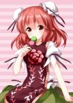  1girl arm_at_side blouse breasts cowboy_shot dango double_bun eating eyebrows_visible_through_hair flower food green_skirt hair_between_eyes head_tilt highres ibaraki_kasen looking_at_viewer pink_background pink_hair puffy_short_sleeves puffy_sleeves red_flower red_rose rose ruu_(tksymkw) sanshoku_dango short_hair short_sleeves skirt small_breasts solo standing striped striped_background tabard touhou wagashi white_blouse 