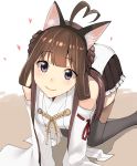  1girl ahoge all_fours animal_ears bare_shoulders boots breasts brown_hair brown_skirt cat_ears commentary detached_sleeves double_bun eyebrows_visible_through_hair fake_animal_ears hairband heart highres kantai_collection kongou_(kantai_collection) large_breasts long_hair looking_at_viewer masukuza_j nontraditional_miko pleated_skirt simple_background skirt smile solo thigh-highs thigh_boots violet_eyes white_background 
