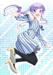  1girl :d black_legwear black_ribbon dress floating_hair full_body hair_ornament high_heels long_hair looking_at_viewer new_game! open_mouth outstretched_arms pink_x pumps purple_hair ribbon smile solo striped suzukaze_aoba thigh-highs twintails vertical-striped_dress vertical_stripes violet_eyes white_footwear 