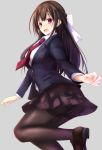  1girl black_hair black_legwear black_skirt blush bow breasts commentary_request eyebrows_visible_through_hair hair_bow large_breasts long_hair long_sleeves open_mouth original pantyhose pleated_skirt red_eyes rikudou_inuhiko school_uniform skirt solo white_bow 