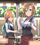  2girls alternate_costume blue_hair blush breasts brown_hair cup drinking_glass eyebrows_visible_through_hair green_eyes hair_between_eyes haruki_(haruki678) highres holding holding_cup holding_tray idolmaster idolmaster_cinderella_girls idolmaster_cinderella_girls_starlight_stage long_hair looking_at_viewer multicolored_hair multiple_girls ninomiya_asuka shiny shiny_hair short_hair smile tada_riina tray two-tone_hair upper_body violet_eyes waitress 