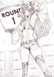  1girl :q ahoge armpits boots boxing_ring breasts cleavage detached_sleeves greyscale headgear holding holding_sign kantai_collection kongou_(kantai_collection) large_breasts long_hair looking_at_viewer monochrome navel one_eye_closed short_shorts shorts sideboob sign star suspender_shorts suspenders sweat thigh-highs thigh_boots tobisawa tongue tongue_out v wide_sleeves 